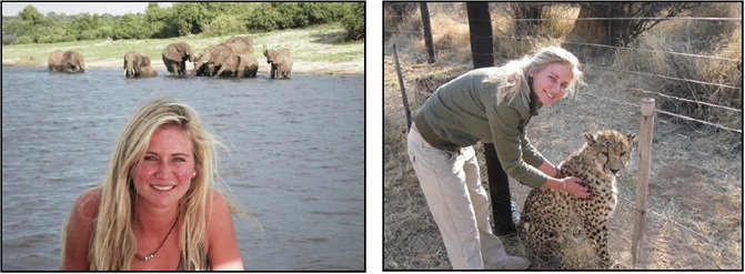 Azel Crous, Kariega's volunteer co-ordinator, plays with a cheetah and elephants watch on