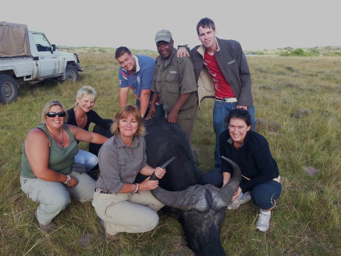 Volunteers and Shamwari staff pose with a buffalo captured for testing